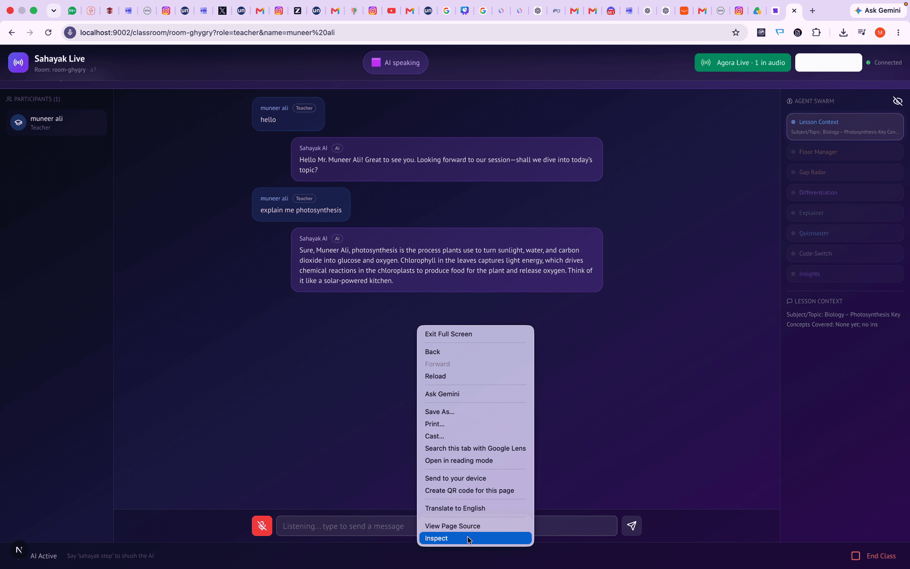 Sahayak live classroom — AI answering a photosynthesis question